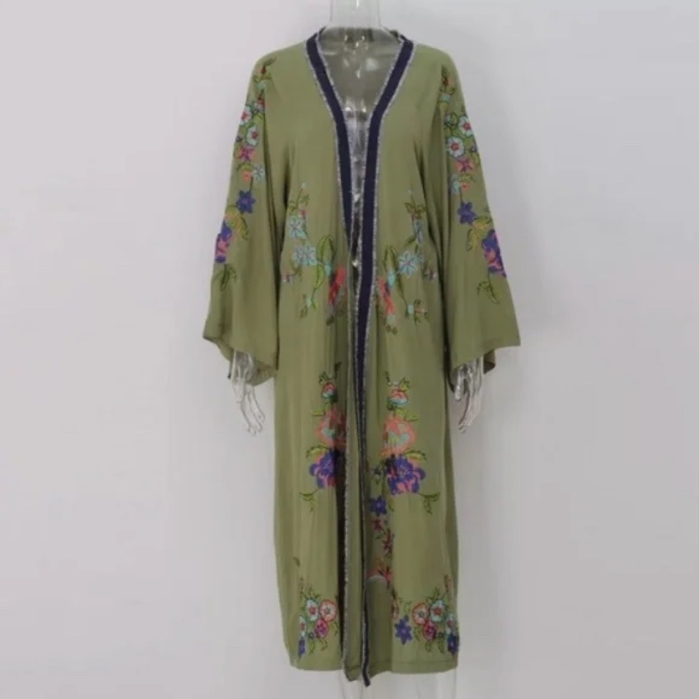 SOLD OUT Olive Floral Embroidered Cover Up Duster Kimono - Picture 4 of 9